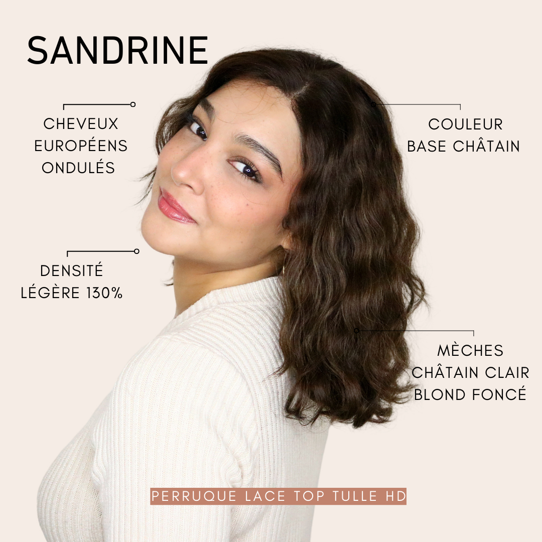 Sandrine – Perruque ondulée châtain méchée cheveux européens